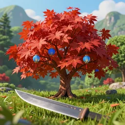 foreground unsharp blade of grass, midground centered a big epic red maple with blue lanterns on its branches, background unsharp green forrest and mountains, hyper realistic, octane render, 4 k, detailed, intircate, vibrant, hopeful, cinematic