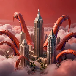 hyper-ornate sky city of barcelona on giant orange and purple cyborg tentacles coming out of puffy clouds matte painting concept art alex grey kay sage sorayama cinematic soft red lighting high angle hd 8k sharp shallow depth of field