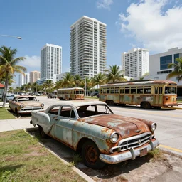 wide angle shot of dilapidated fallout 5 miami, tropical coastal city, desolate, dilapidated, just a rusted retro futuristic vintage parked vehicles like cars, buses, trucks, trams, sunny weather, few clouds, volumetric lighting, photorealistic, daytime, spring, 4 0 0 0 k sharp focus, ultra detailed