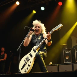 publicity photo still of betty white in a death metal band playing live on stage, 8 k, live concert lighting, mid shot