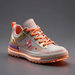 realistic 8 k sculpture of a cyberpunk sneaker with neon illuminated rubber soles and soft orange shoelaces, beautiful studio lighting, soft, sharp focus, cyberpunk, intricate detail, gold and red accents, soft rubber, octane render, trending on artstation, deviantart, art by converse