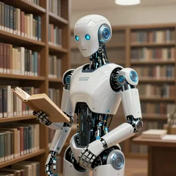 an artificial intelligence robot in a library, highly detailed, digital painting, artstation, concept art, smooth, sharp focus, illustration, ArtStation, art by artgerm and greg rutkowski and alphonse mucha and J. C. Leyendecker and Edmund Blair Leighton and Katsuhiro Otomo and Geof Darrow and Phil hale and Ashley wood and Ilya repin and Charlie Bowater