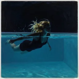 silhouette of a Elle Fanning underwater in a pool, pitch black room, extremely detailed masterpiece, oil on canvas, low-key neon lighting, artstation, Blade Runner 2049, Roger Deakin’s cinematography, by J. C. Leyendecker and Peter Paul Rubens,