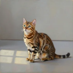 museum painting, medium - shot, small bengal cat, oil painting, dreamy, early morning light, light squares on the floor, matte painting, masterpiece, alicia rius, reichert, orlov