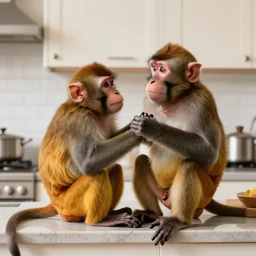funny photo of two monkeys having fun in the kitchen