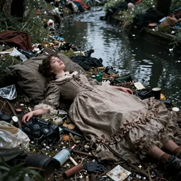 girl in victorian wear lied in canal full of water surrounded of trash and bodies dark atmosphere artistic style