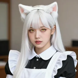 realistic beautiful gorgeous natural cute Blackpink Lisa Manoban white hair cute white cat ears in maid dress outfit golden eyes artwork drawn full HD 4K highest quality in artstyle by professional artists WLOP, Taejune Kim, Guweiz, ArtGerm on Artstation Pixiv