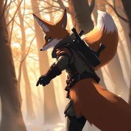a medevial anthropomorphic fox assassin with a fluffy tail in a forest, trending on pixiv, detailed, anime, warm lighting, backlighting, by kawacy, trending on furaffinity, furry art, fantasy art, assassins creed
