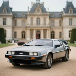 closeup photo of a delorean standing in a beautiful palace, dof, chromatic aberration