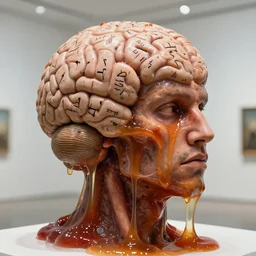 a perfect colour violent photograph of a human test specimen in a cephalod brain designed in a hyper ridiculous manner. the bulbous chambers are adorned with cryptic maritime hieroglyphs. the man is engulfed by runny gelatinous vomit. perfect focus, studio lighting, gallery setting
