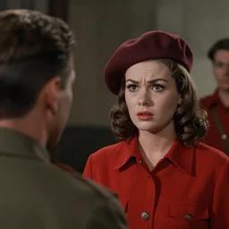 still from a masterpiece 1 9 6 0 s color art film, very beautiful and elegant girl with large eyebrows and a beret with a disgusted expression while talking to a man, moody lighting, viewed from afar, cinematic shot, they're dressed like communists, red palette