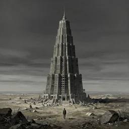 a desolate vast infinite landscape with a lonely looming highly detailed greebled brutalist tower of babel monolith in the center, drawn by tsutomu nihei and painted by zdzislaw beksinski