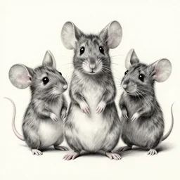 a beautiful pencil drawing of exactly three!!!!! cartoon mice; masterpiece; extremely highly detailed; ultra-realistic; trending on artstation