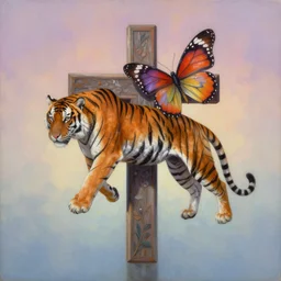 painting of cross between tiger & butterfly, intercrossed animal, by zdzislaw beksinski, by tiffany bozic, gradient background, concept art, beautiful composition, digital painting,