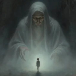 unknown deity looming over a tiny human, ethereal fantasy, peder balke