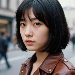 ektachrome, 3 5 mm, highly detailed : incredibly realistic, youthful asian demure, exquisite features, feminine cut, beautiful three point perspective extreme closeup 3 / 4 portrait photo in chiaroscuro style 1 9 7 0 s frontiers in flight leather suit cosplay fashion, nick night, street photography
