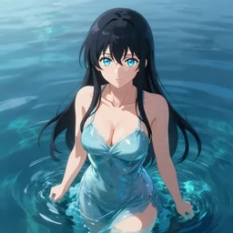 a very beautiful anime girl wearing a dress made of water standing in a crystal lake , full body, long black hair, azure blue watery eyes, full round face, seductive stare, cinematic lighting, closeup shot, mid-shot, highly realistically detailed, trending on artstation, Unreal Engine 4k, Stanley Artgerm Lau, WLOP, Rossdraws, James Jean, Andrei Riabovitchev, Marc Simonetti, and Sakimichan