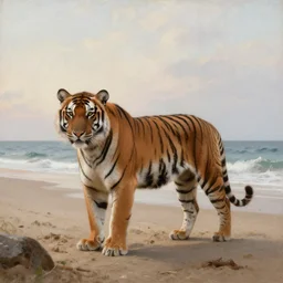a tiger stands on the beach, landscape, romanticism by andreas achenbach