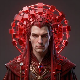 portrait of wizard with halo of red cubes intricate abstract. intricate artwork, by tooth wu, wlop, beeple, dan mumford. concept art, octane render, trending on artstation, greg rutkowski very coherent symmetrical artwork. cinematic, key art, hyper realism, high detail, octane render, 8 k, iridescent accents