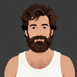 illustration of young tim robbins with dark brown hair and a big bushy beard, wearing a white tank top