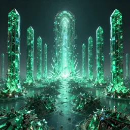 epic wide angle view of a fractal techno universe with a glowing nether portal at its center, vast symmetrical fractal landscape, cristalline emerald columns in the sky with giant bioluminescent belugas levitating, fantasy art by marc simonetti, dynamic lighting, glow, trending artstation, octane rendering, unreal 5, realistic, high definition, digital art, hdri