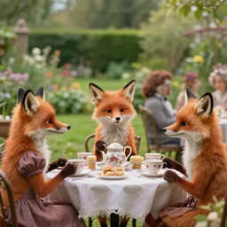 film still from the movie chappie outdoor park plants garden scene bokeh depth of field several figures sitting down at a table having a delicious grand victorian tea party crumpets furry anthro anthropomorphic stylized fox foxes