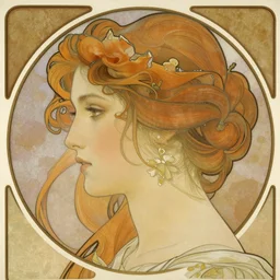 realistic detailed masterpiece head and shoulders elegant profile portrait of Mia Kirschner by Alphonse Mucha, Ayami Kojima, Amano, Charlie Bowater, Karol Bak, Greg Hildebrandt, Jean Delville, and Mark Brooks, Art Nouveau, Neo-Gothic, gothic, Mia Kischner, rich deep moody colors