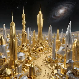 gold and silver tones, cybernetic village on the outskirts of the universe, style of moebius, james jean, rutkowski, cinematic, high detail, award winning, 8 k photorealistic