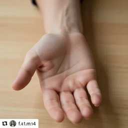 a photo of one ultra detailed photorealistic woman's hand with cupped palm, back of hand on the table, palm pattern visible, instagram photo, studio photo, 9 0 mm, f / 1. 4