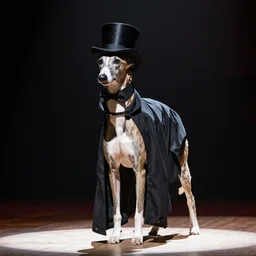 greyhound wearing a black cloak and a top hat, under a spotlight, magician dog performing on stage, dapper greyhound