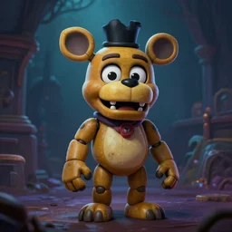 cute little anthropomorphic Freddy (Five Nights at Freddy's) in Gears of War cover art, ultra wide lens shot , tiny, small,  short, cute and adorable, pretty, beautiful, DnD character art portrait, matte fantasy painting, eerie, DeviantArt Artstation, by Jason Felix by Steve Argyle by Tyler Jacobson by Peter Mohrbacher, cinematic lighting