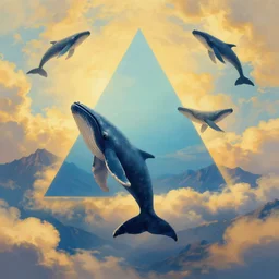 symmetrical post - minimalism portrait of a magical triangle whale bird's eye view, sky whales, golden clouds, mountain range, vibrant color scheme, highly detailed, in the style of romanticism, cinematic, artstation, moebius, greg rutkowski