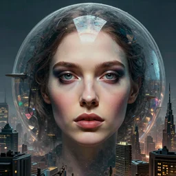detailed face of a woman, tectonic cityscape, gyroscopic skydome, wet reflections, prism, atmospheric, ambient, pj crook, syd mead, livia prima, artgerm, greg rutkowski, nick alm, casey baugh