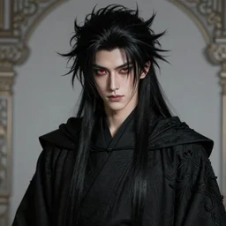 mazoku, yokai, handsome japanese demon boy, young adult mazoku man with long wild spiky black hair, vantablack cloak, ultra - black cloak, red eyes, ultra realistic, intricate details, eerie, highly detailed, photorealistic, octane render, 8 k, art by artgerm, greg rutkowski, charlie bowater, magali villeneuve, alphonse mucha