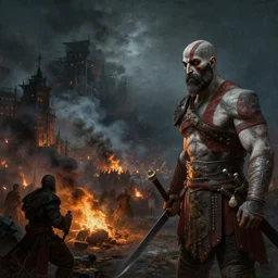 god of war kratos, large town in distance, night, fire, smoke, painting, high detailed, fantasy, particles, fog, creepy, tintoretto, beksinski, masanori warugai, wlop