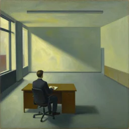 painting of a lonely man, sitting at his desk in an empty, huge office, in the style of edward hopper