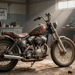 a a Close up photograph of a rusty 1950's Harley Davidson chopper in a dusty repair shop, soft lighting, crepuscular rays, realistic octane render, 8k, ultra detailed, concept art