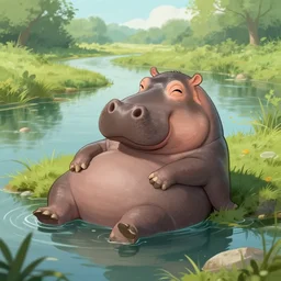 sad anthropomorphic hippo just waking up in a wonderful river landscape, trending on artstation