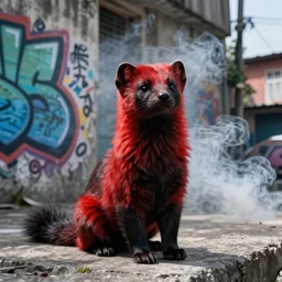 photo ( far _ shot ), subject [ furry _ fandom _ fursona ( red - black, anthropomorphic _ humanoid _ weasel - ferret - stoat ) ], background ( smoke, concrete ), medium [ graffiti ( spray _ paint ) ], location ( favela _ wall )
