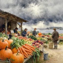 watercolor painting of farmers market, large pumpkins and carrots, apples and peaches, herbs and spices, traditional store, art by anders zorn, wonderful masterpiece by greg rutkowski, beautiful cinematic light, american romanticism by greg manchess, creation by tyler edlin, stormy puffy clouds and harbour in distant background, foggy