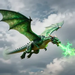 a green dragon flying in the cloudy skies while breathing out green fire, digital art, trending on artstation