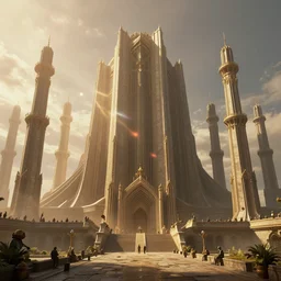 an epic matte painting by weta digital, theeb palace designed by hr giger,, hyper realistic octane render 4k, lens flare, light leaks, golden hour