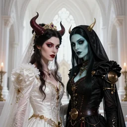 lesbian wedding between evil pyromancer and necromancer, steampunk, unholy, white church background, detailed face, sharp focus, highly detailed, cinematic lighting, studio quality, colorful, smooth render, unreal engine 5 rendered, octane, rendered, by artgerm, greg rutkowski, alphonse mucha