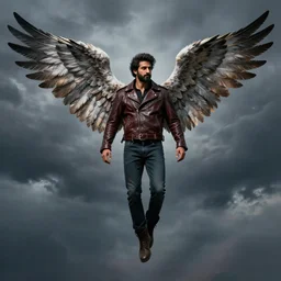 beardless angel avan jogia with thunderbolt-pattern-feather wings. Leather jacket, boots and jeans. Floating in a stormy sky. Distant full body shot. Artwork by artgerm