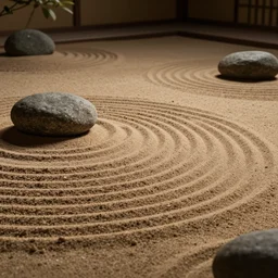 a desert environment, Japanese zen garden aesthetic, swirling lines in the sand, cinematic, high dynamic range, octane render, unreal engine 5 lumen, 8k, high resolution