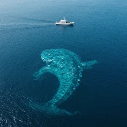 a boat in the top of the sea, over a sea monster
