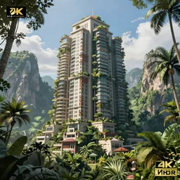 photo by eytan zana and robby johnson, a massive building towering over a jungle 4 k rtx hdr volume light concept studio matte painting environement digital illustration fanart artstation
