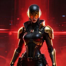 pfp portrait cyberpunk warrior black gold red futuristic vibrations volumetric lighting void graphic novel art