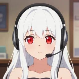 anime visual of a cute girl, large red eyes, long white hair, small narrow mouth, wearing a headset in her room interior!!!!!!, poster by ilya kuvshinov, trending on artstation, flat cel shaded, finely detailed face features,