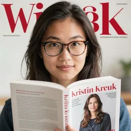kristin kreuk half asian actress wearing glasses holding a book on the cover of writers magazine, photograph 8 k, magazine cover, depth of field